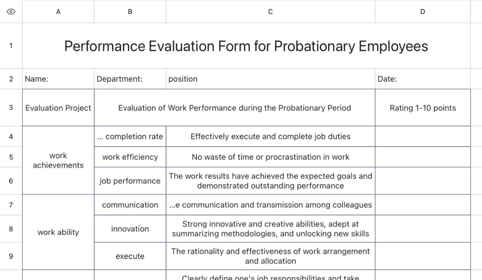Performance Evaluation Form for Probationary Employees